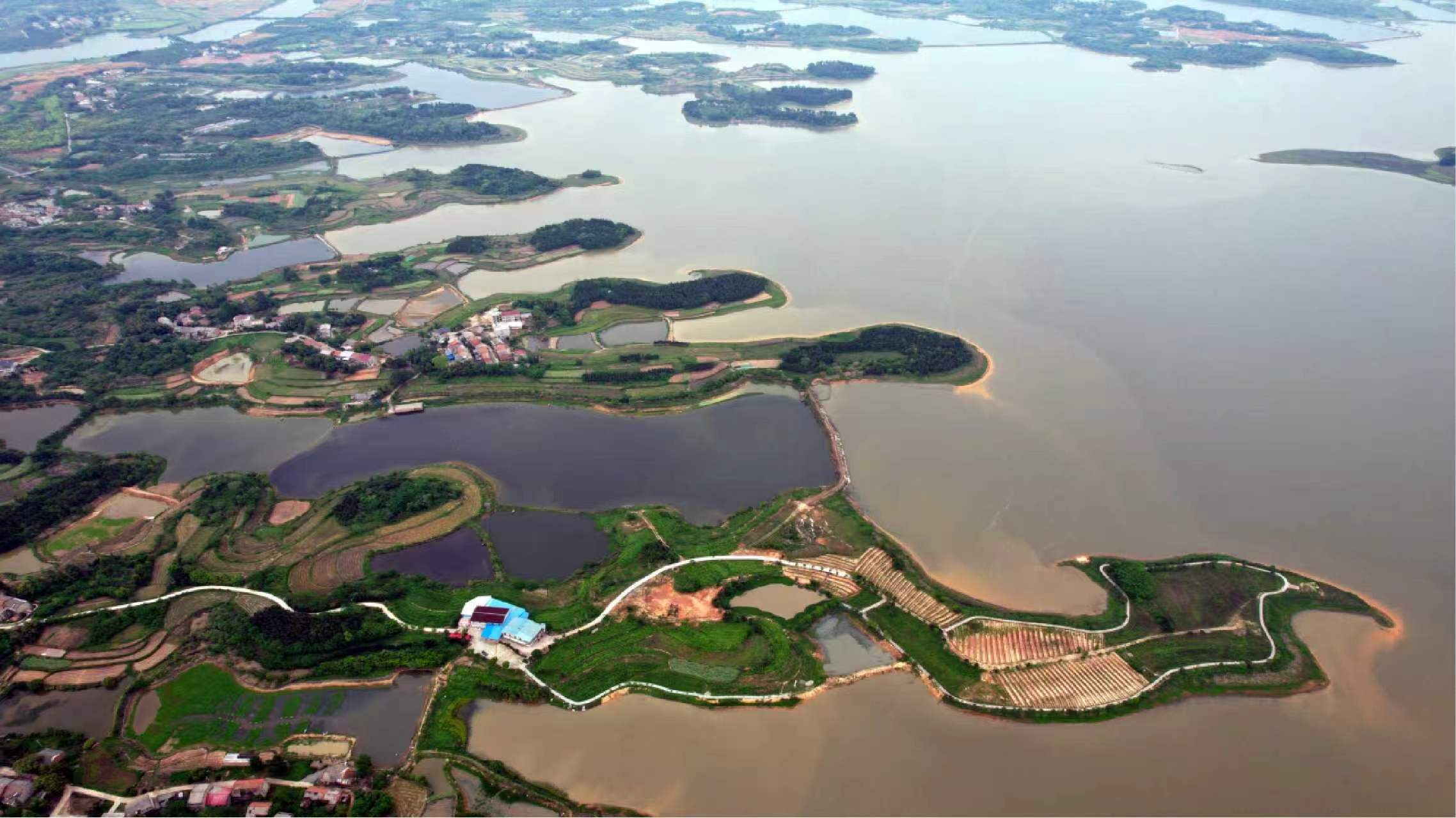 湖北蕲春赤龙湖水域与湖岸田园的航拍景象