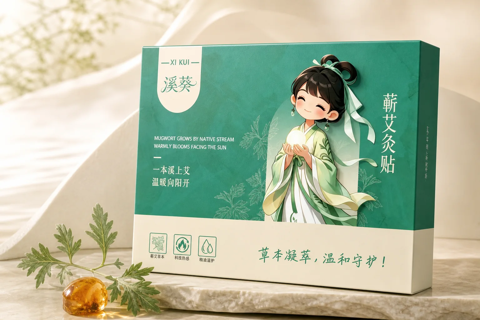 溪葵蕲艾灸贴包装与艾草的明亮东方美妆产品场景