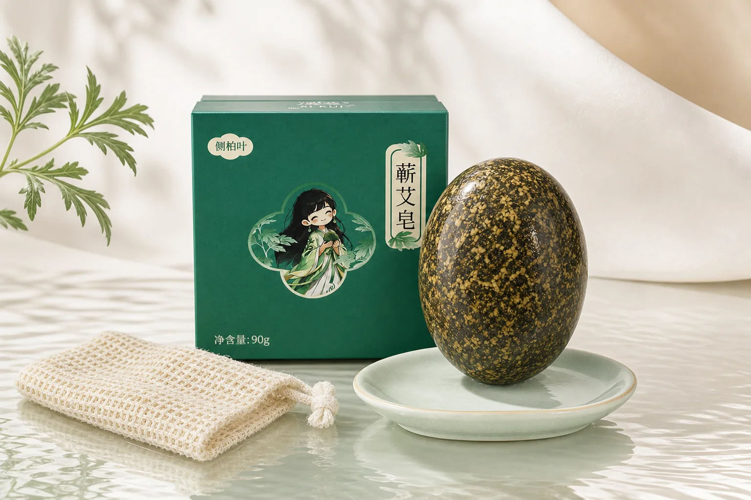 溪葵蕲艾皂包装皂体与起泡网的明亮东方美妆产品场景