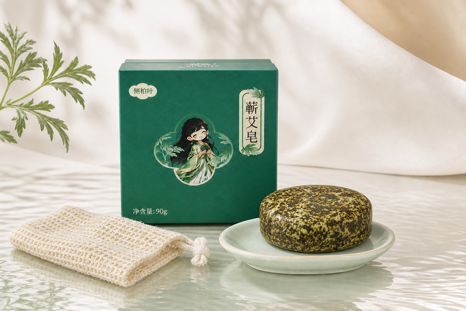 溪葵蕲艾皂包装、正圆皂饼与起泡网的明亮产品场景