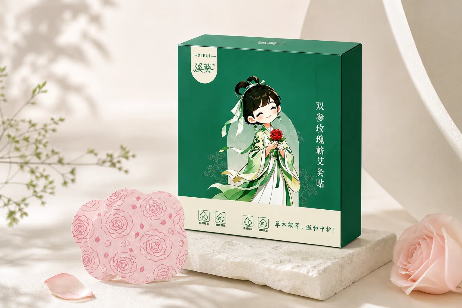 溪葵双参玫瑰蕲艾灸贴包装与贴片的明亮东方美妆产品场景