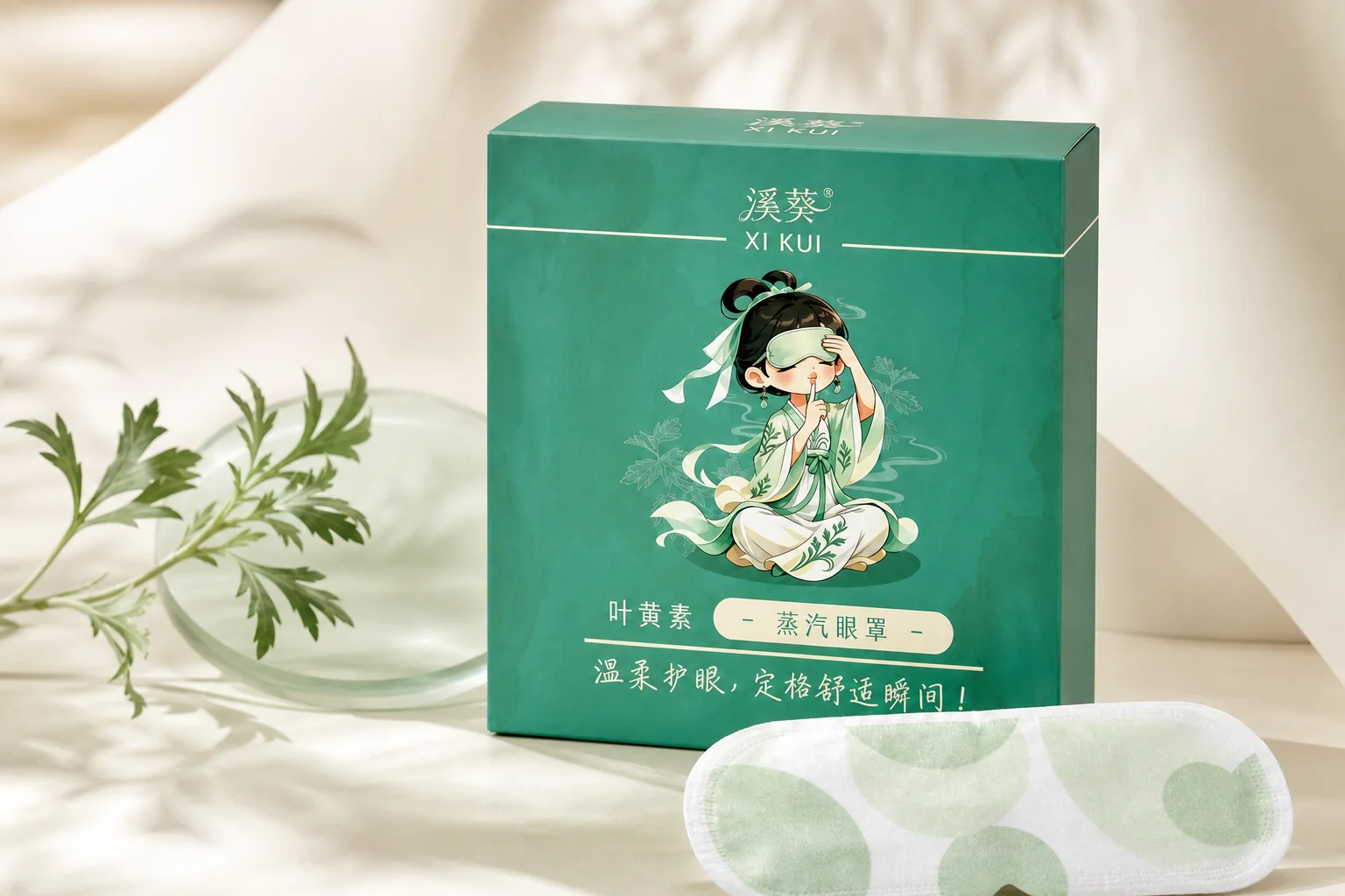 溪葵蕲艾蒸汽热敷眼罩包装与眼罩的明亮东方美妆产品场景