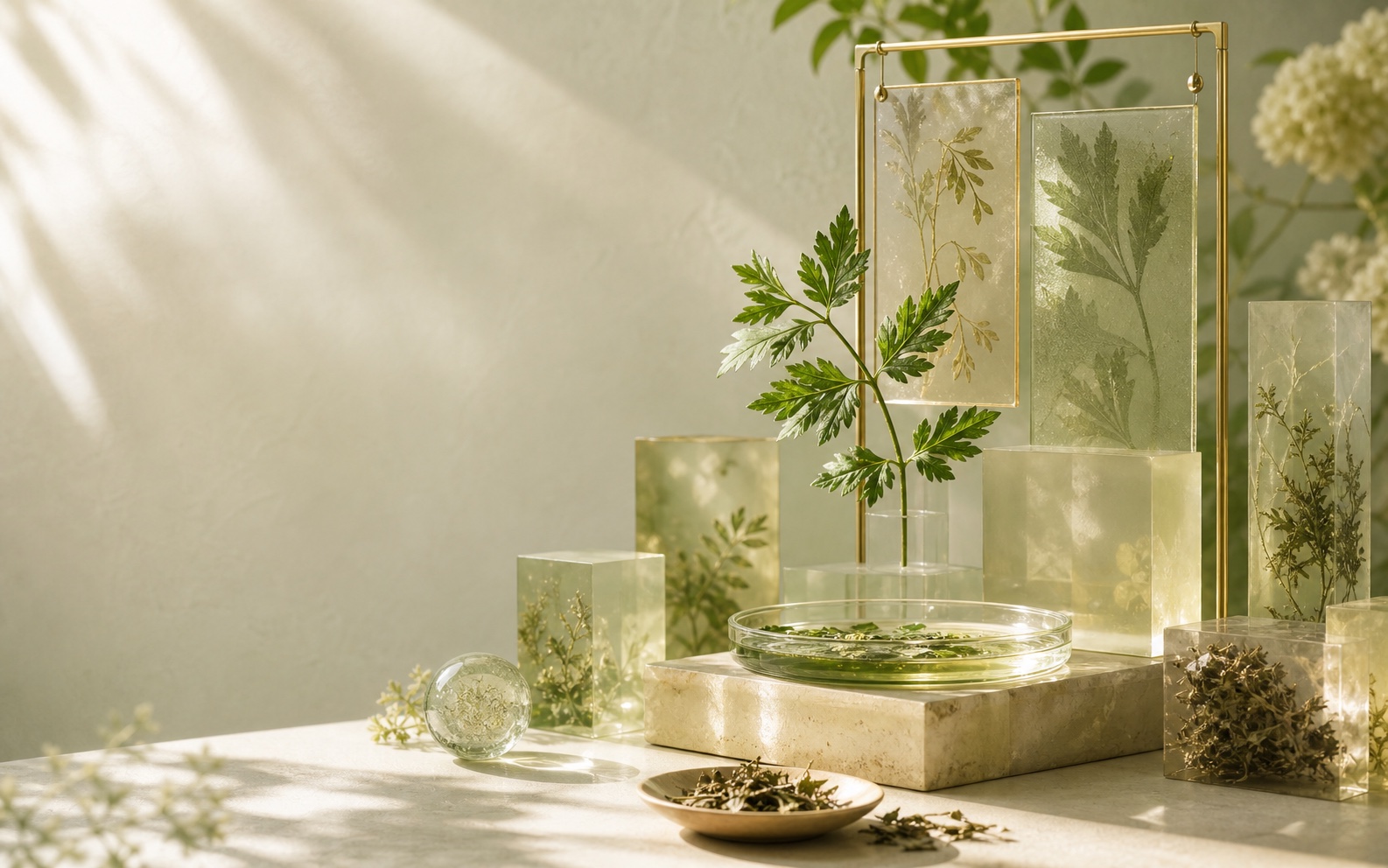 阳光下的草本植物标本、树脂展台与玻璃器皿
