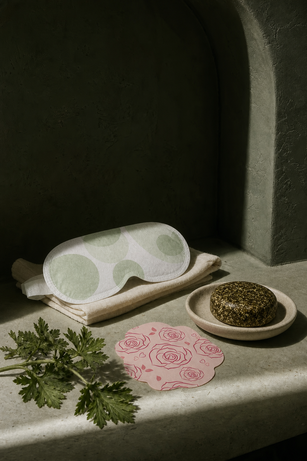 溪葵蒸汽眼罩、圆形蕲艾皂与花瓣形玫瑰贴组成的日常护理静物